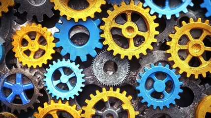 Mechanisms in action colorful gears arrangement workshop setting macro photography industrial environment