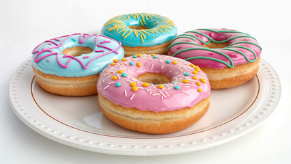 Four donuts with colored icing, on a white background