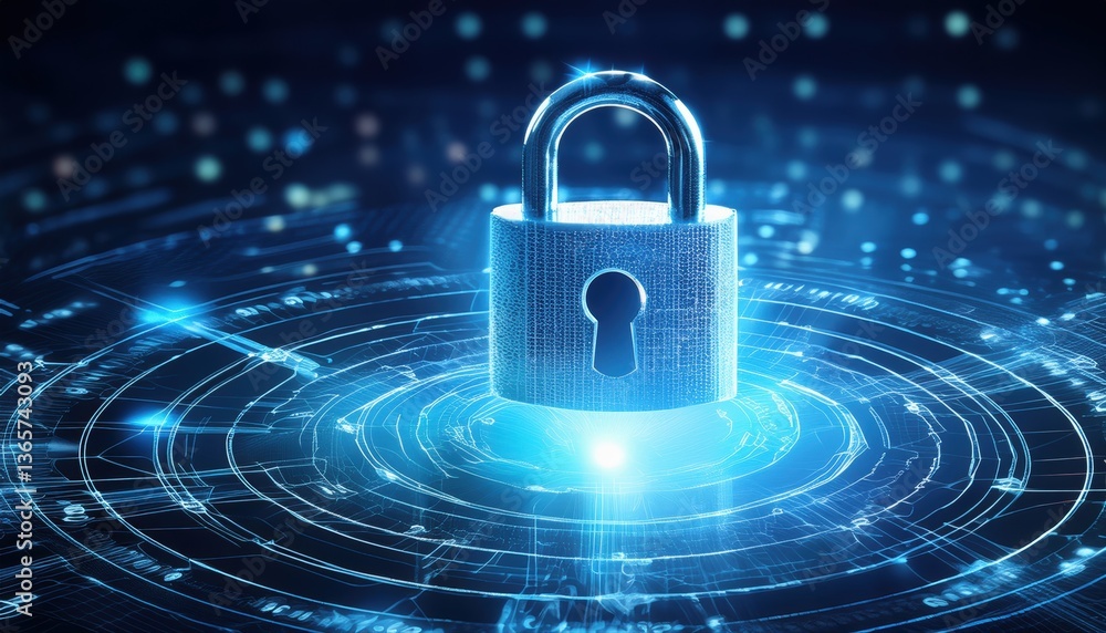 Poster bright futuristic padlock hovering over digital circuit representing security in smart contracts