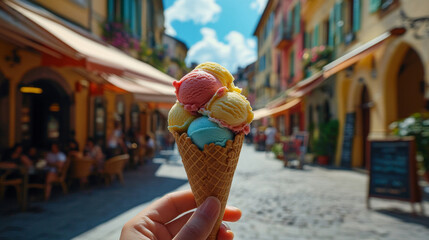 Colorful Ice Cream Cone on a European Cobblestone Street