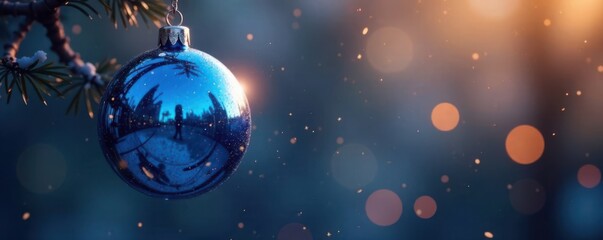 Fototapeta premium Hanging blue metallic ball with sparkles on a string, decoration, festive