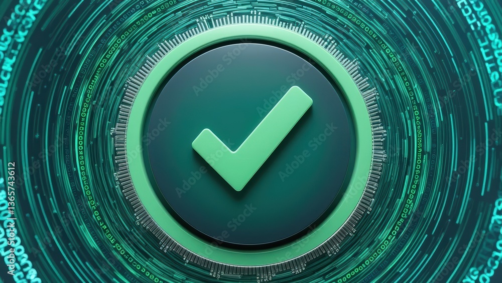 Poster repeated green tick marks representing continuous approval and positive verification in digital cont