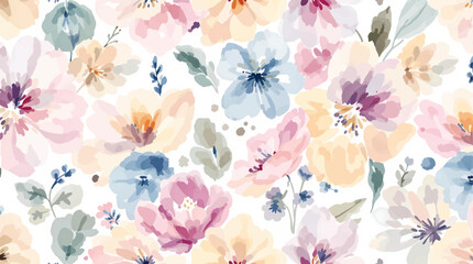 Watercolor floral seamless pattern with hand-painted blush pink flowers and green leaves on white background. Botanical print.	