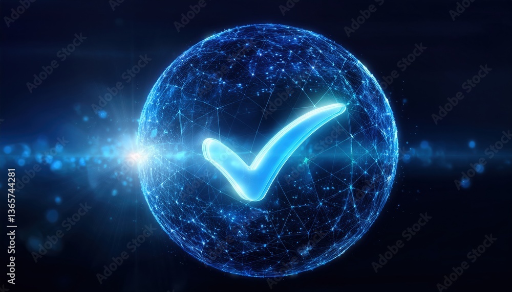 Poster enigmatic sphere featuring a prominent checkmark signifying completion and affirmation in technology