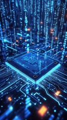 Quantum computing chip floating in a digital environment with glowing binary codes