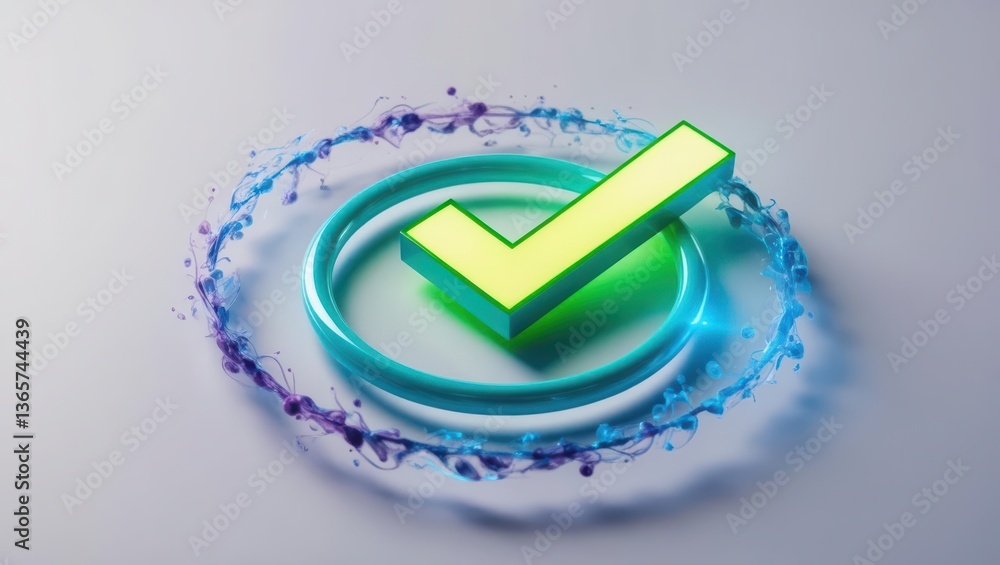Poster circular checkmark symbolizing affirmation and security within a digital realm of modern technology