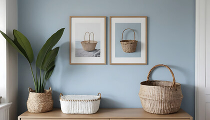 Woven Baskets and Green Plant on Wooden Cabinet Against Blue Wall