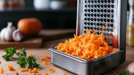 Fresh grated carrots in a metal grater on kitchen counter 