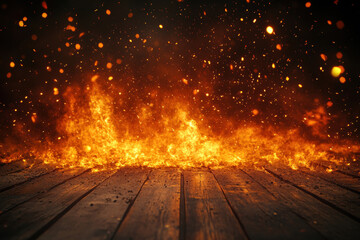 Burning fire against a wooden floor.