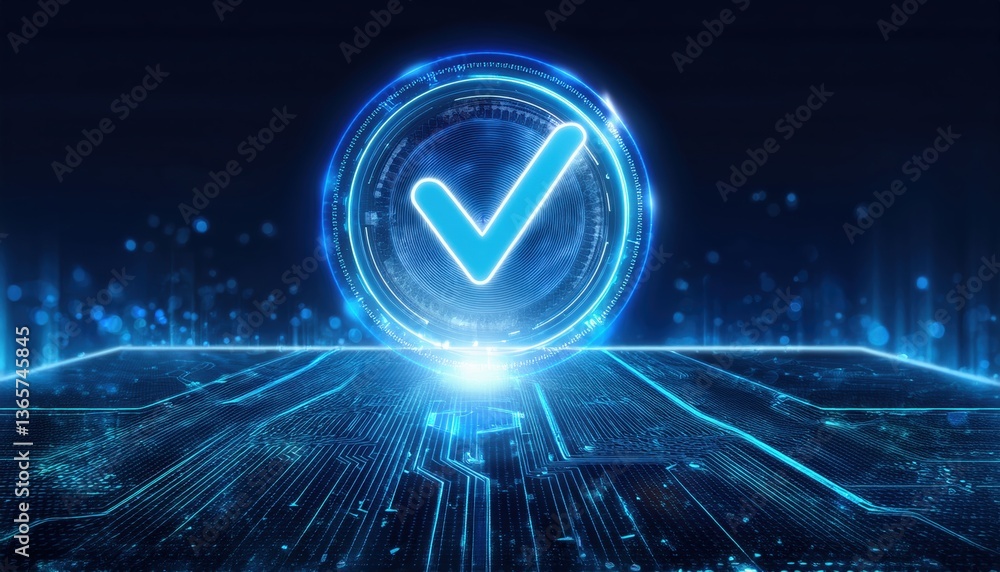 Poster glowing verification symbol floating above digital smart contract in virtual space with abstract ele