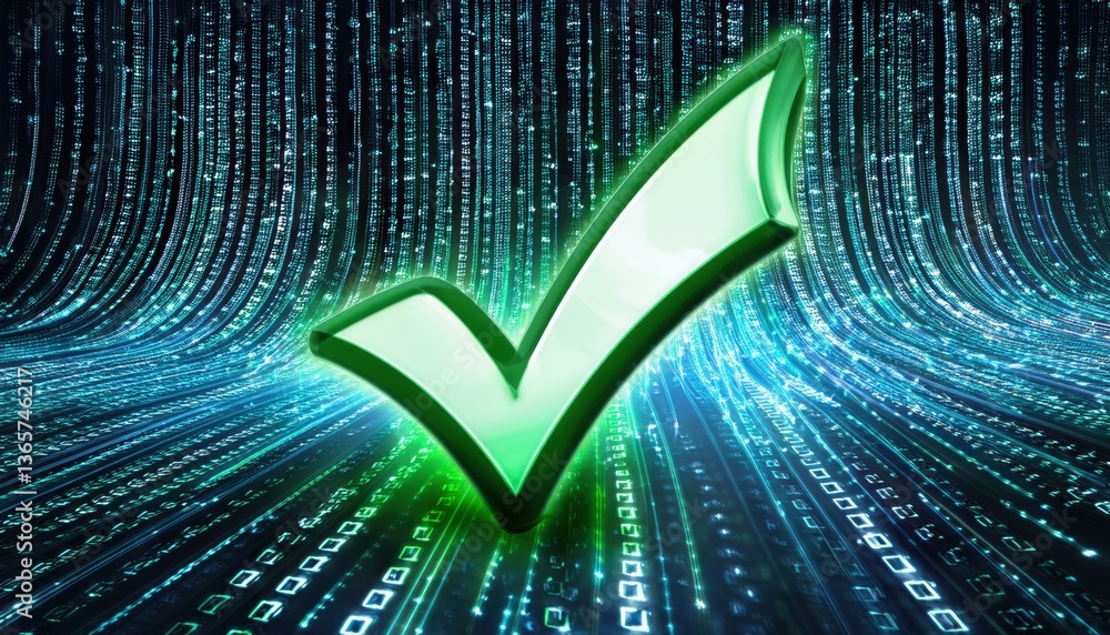 Poster high-tech green checkmark repeatedly displayed against a dynamic background of encrypted code