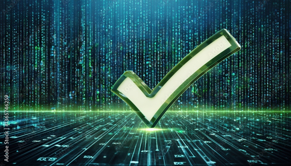 Poster high-tech green checkmark amidst dynamic streams of encrypted authorization code in digital realm