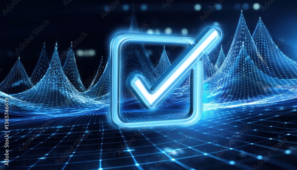 Poster blue and white network featuring a v icon alongside a luminous checkmark in a futuristic interface