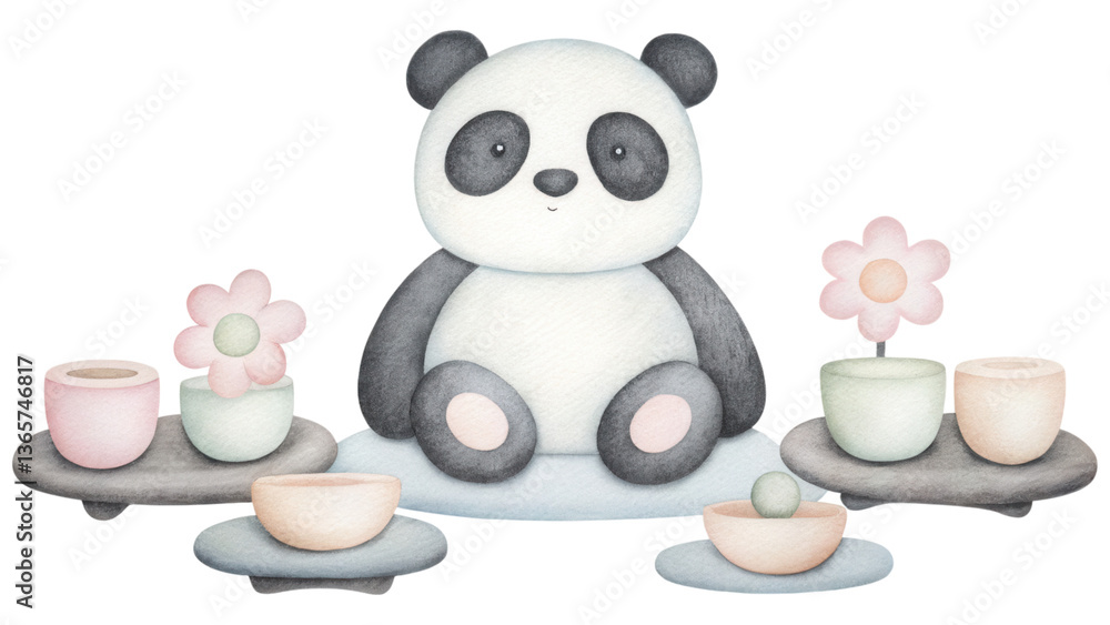 Poster cute panda in boho setting with pastel tea set and flowers creating cozy atmosphere. isolated on tra