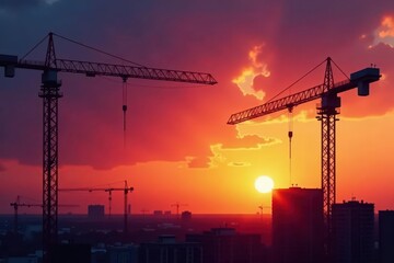 Dark silhouettes of construction cranes against vibrant sunset sky, yellow, industry, construction site
