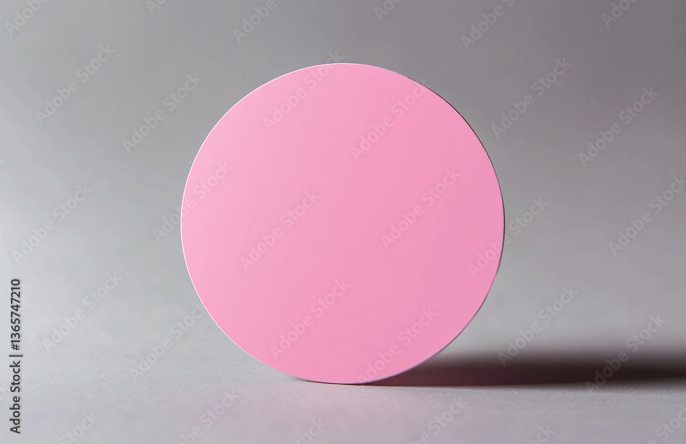 Poster a pink circle standing on a gray surface casting a shadow in a studio setting with soft lighting