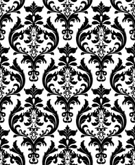 Obraz premium Black damask pattern seamless on white background. Vintage seamless floral background. Old retro flower ornate vector luxury wallpaper. Elegant victorian tile design.