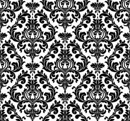 Fototapeta premium Black damask pattern seamless on white background. Vintage seamless floral background. Old retro flower ornate vector luxury wallpaper. Elegant victorian tile design.