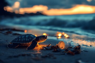 Turtle hatchling struggles through lights and debris on its way to the ocean