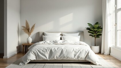 Minimalist Scandinavian bedroom with king size bed, white linens and pillows in a calm atmosphere, room, bedroom