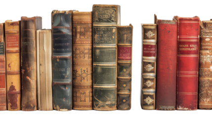 Row of antique books with transparent background, perfect for book lovers and history buffs