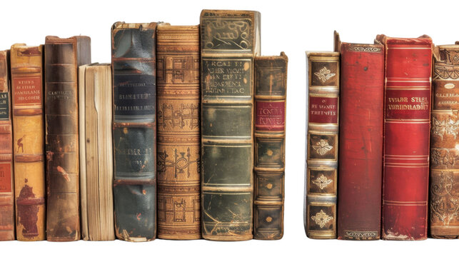 Row of antique books with transparent background, perfect for book lovers and history buffs