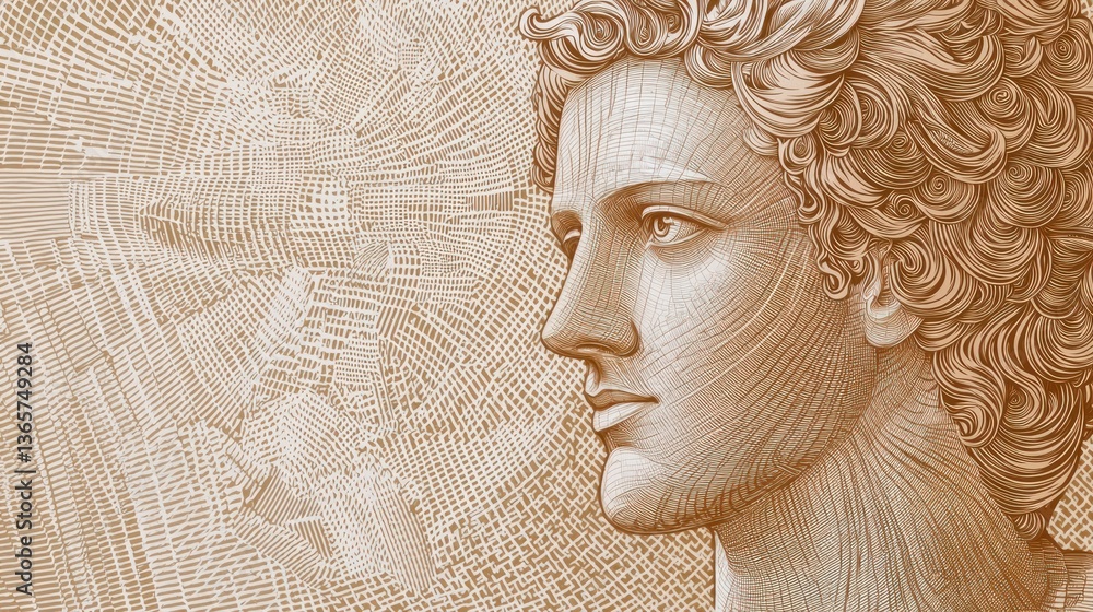 Poster intricate close-up of a classical sculpture's profile with textured details and soft lighting