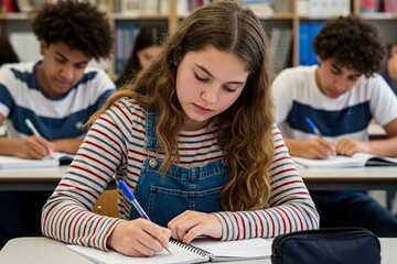 A focused teenage girl writing in a notebook during a classroom lesson, surrounded by classmates. The image captures concentration, education, and learning in a school environment.

