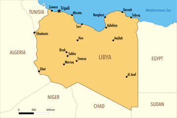 Fototapeta premium Vector Map of Libya with Major Cities and Neighboring Countries – Editable Infographic