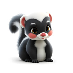 Fototapeta premium Skunk – 3D baby skunk, fluffy tail with soft stripes, round body, big expressive eyes, pastel black and white tones, white background Generative AI
