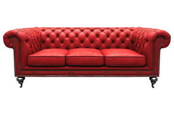 Classic red leather chesterfield sofa on transparent background.