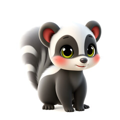 Obraz premium Skunk – 3D baby skunk, fluffy tail with soft stripes, round body, big expressive eyes, pastel black and white tones, white background Generative AI