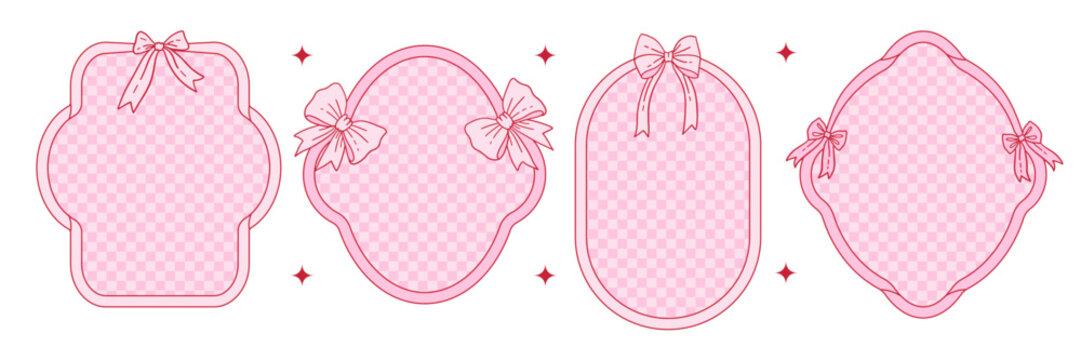 Frames set of coquette pretty charming pink bows and ribbons. Hand drawn trendy ribbons border with groovy checkered background. Vintage bowknots frame for greeting cards, wedding, invitations. Vector