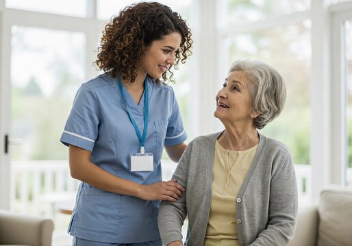 Smiling caregiver in blue uniform assisting a happy elderly woman in a bright home. Compassionate healthcare concept, senior care, nursing support, and quality elderly assistance.

