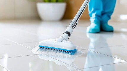 Professional floor scrubber cleaning soapy white tiles in a bright interior. Emphasizes thorough sanitation, maintenance, and professional cleaning services with equipment and foam