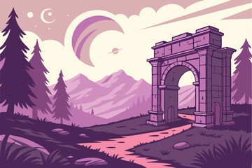 Fototapeta premium 36 Fantasy landscape, ancient stone archway, distant mountains, alien planets in sky, lush forest, winding path, mystical atmosphere, vibrant colors, surreal scenery, dramatic lighting, ethereal glow,