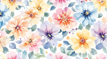 Seamless pattern with watercolor colorful flowers drawing illustration on white background