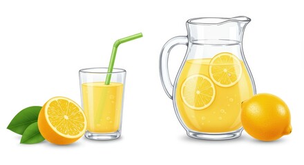 Fototapeta premium Freshly Squeezed Lemonade in Glass and Pitcher with Lemon Slices