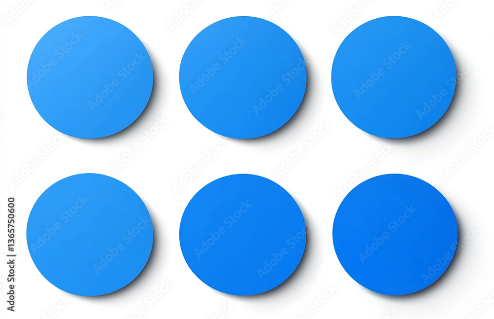 Poster six blue circles arranged in two rows of three on a white surface with soft shadows visible