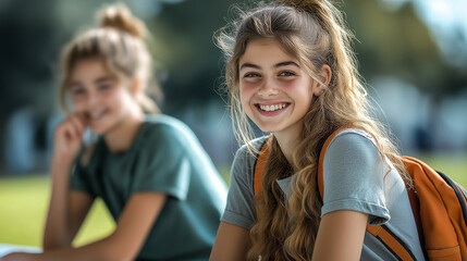 Deux soeurs lyc&eacute;ennes qui font une pause dehors assises dans l'herbe