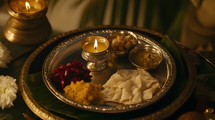 Fototapeta premium A silver thali holds a traditional South Indian meal: appam, chutney, and other delicacies, illuminated by a glowing diya. The scene is serene and evokes cultural richness.