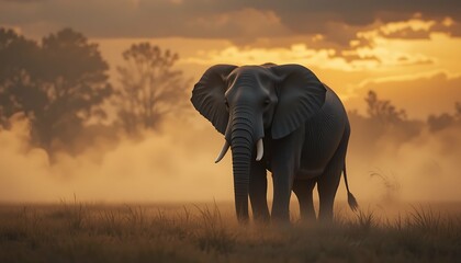Obraz premium A majestic elephant stands in the golden light of sunset, its large ears spread wide and tusks gleaming, capturing the beauty and power of wildlife in the African savanna.