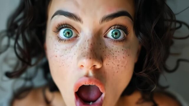 This video showcases a surprised young woman with wide eyes and an open mouth, perfectly capturing the essence of surprise and astonishment. Ideal for conveying strong emotional reactions.