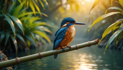 Fototapeta premium Colorful Kingfisher with Shimmering Feathers Resting on a Tropical Branch
