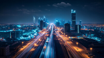 Obraz premium A beautifully long-exposure photograph capturing the illuminated KAFD district in Riyadh