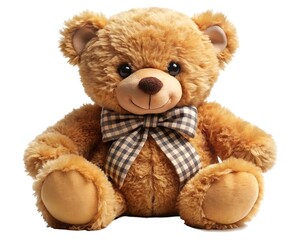 Obraz premium Fluffy brown teddy bear sitting on a white background, soft and cute plush toy, isolated and perfect for childhood memories and gifts