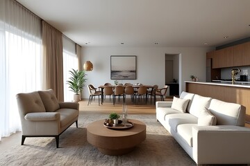 Fototapeta premium A serene modern living space bathed in sunlight, featuring neutral-toned sofas and a wooden dining table, creating a calm and inviting atmosphere with warm natural light.