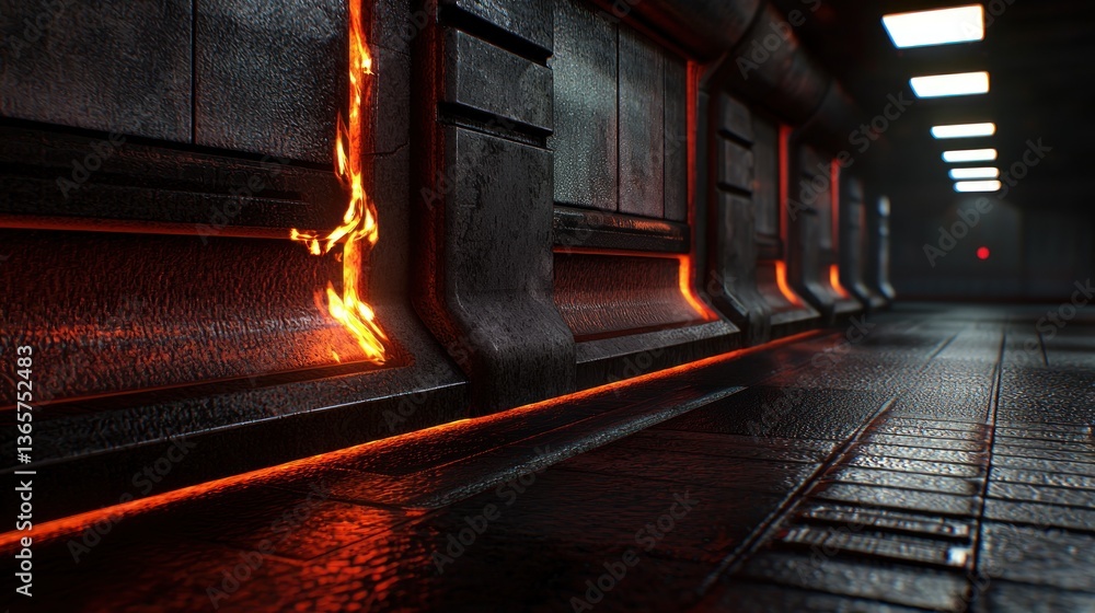 Poster futuristic corridor with glowing lava-like cracks and ambient lighting in a sci-fi setting