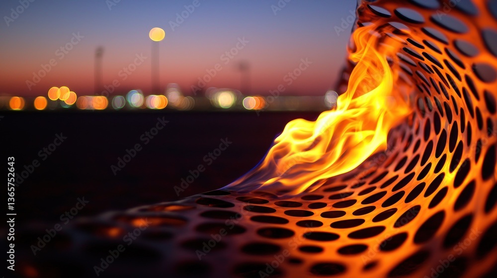 Poster abstract view of a fiery pattern emerging from a perforated surface at dusk, with city lights blurre