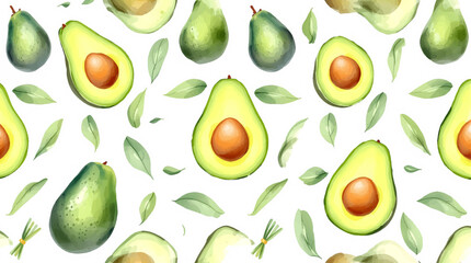 Avocado watercolor on white background seamless pattern, vector